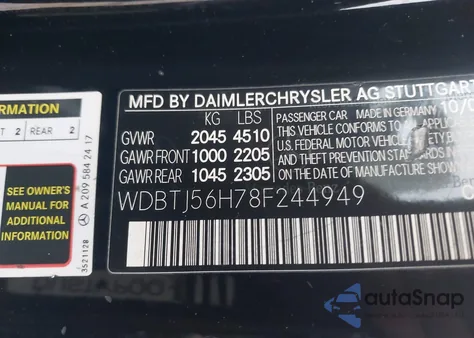 2008 Mercedes Benz Other z USA, uszkodzony, nr VIN WDBTJ56H78F244949